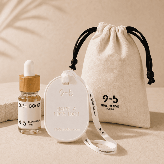 9to5 Studios Bush Boost ceramic stone diffuser trio with bamboo dropper oil bottle and branded cotton pouch