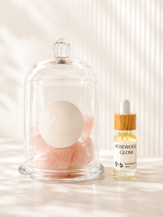 9to5 Studios Crystal Diffuser with Rosewood Glow oil and chunky rose-pink crystals