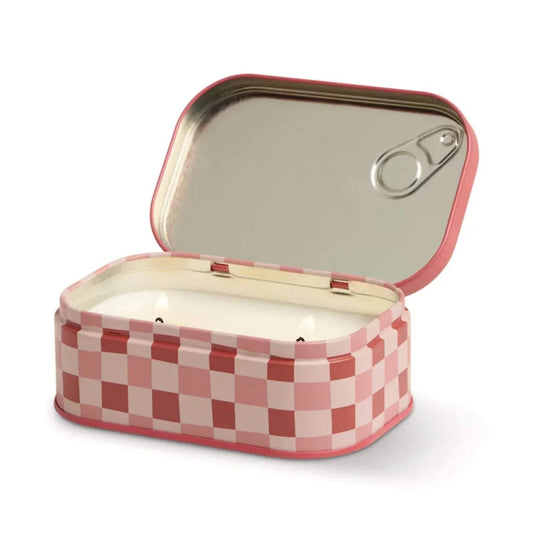 Lit Paddywax Smoked Cherry dual-wick soy wax candle in open pink checkered tin