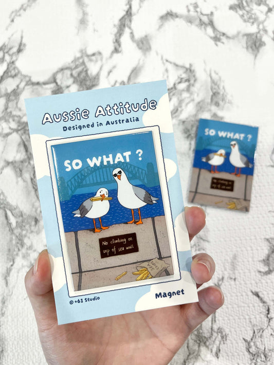 Close-up of +61 Studio SO WHAT? Sydney Harbour Bridge seagull magnet with sunglasses on marble surface, sold by 9to5 Studios