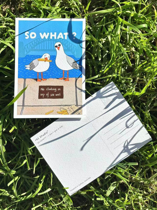 9to5 Studios +61 Studio SO WHAT? postcard set displaying front design with sea chips and back text 'don't give a crap' on thick 650gsm cardstock