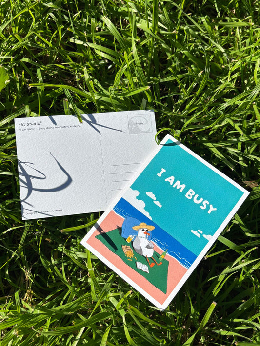 9to5 Studios +61 Studio I AM BUSY postcard set showing front seagull art and back Sydney Australia label text