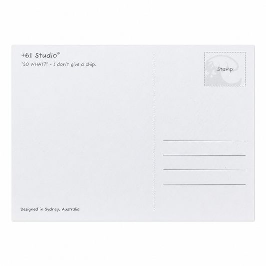 +61 Studio SO WHAT postcard back with seagull stamp area and Sydney design credit