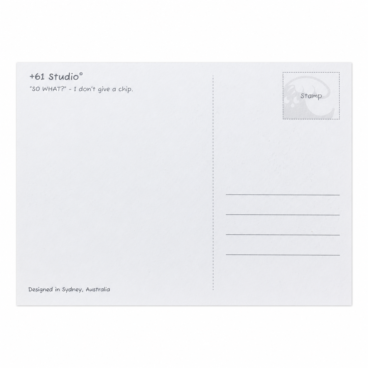 +61 Studio SO WHAT postcard back with seagull stamp area and Sydney design credit