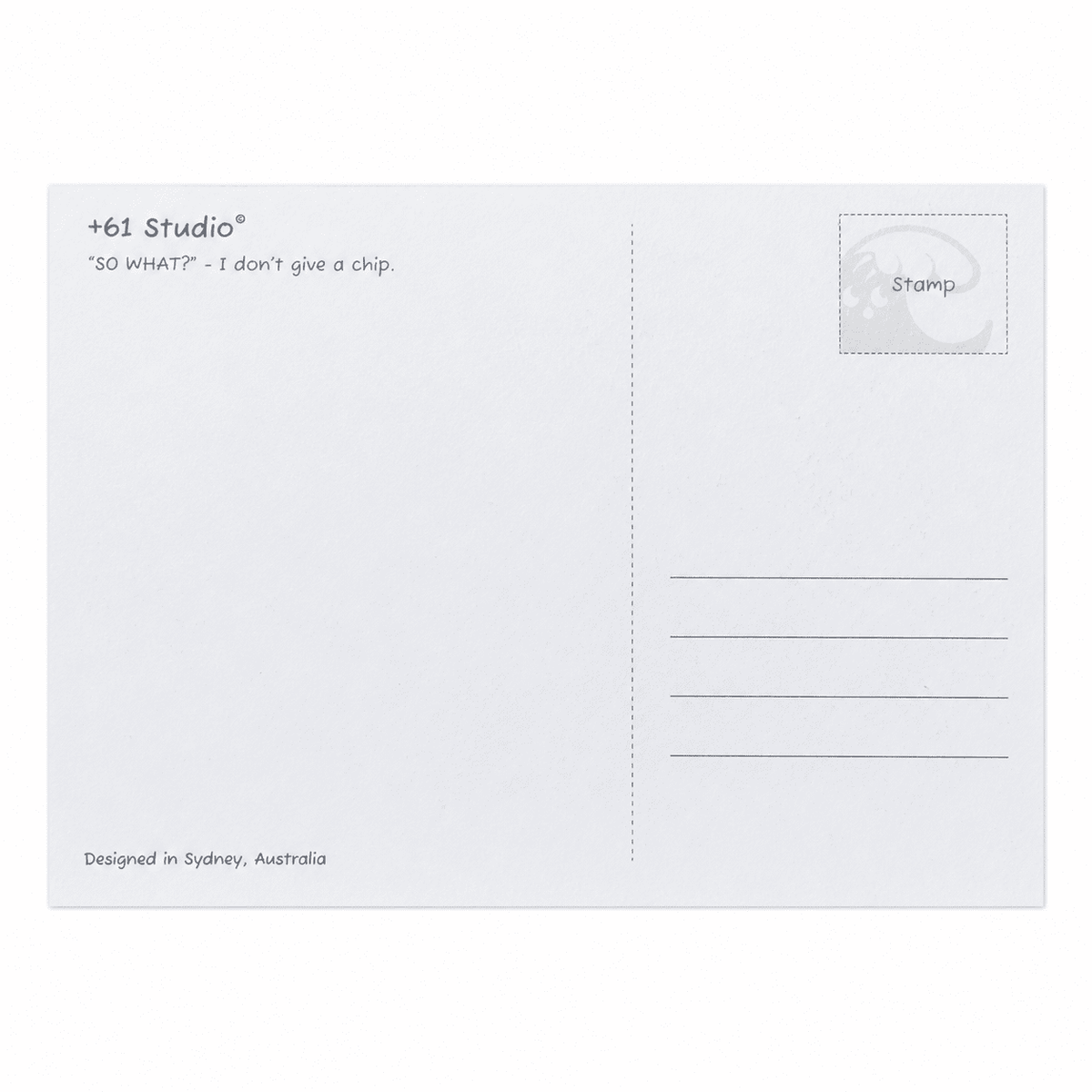+61 Studio SO WHAT postcard back with seagull stamp area and Sydney design credit