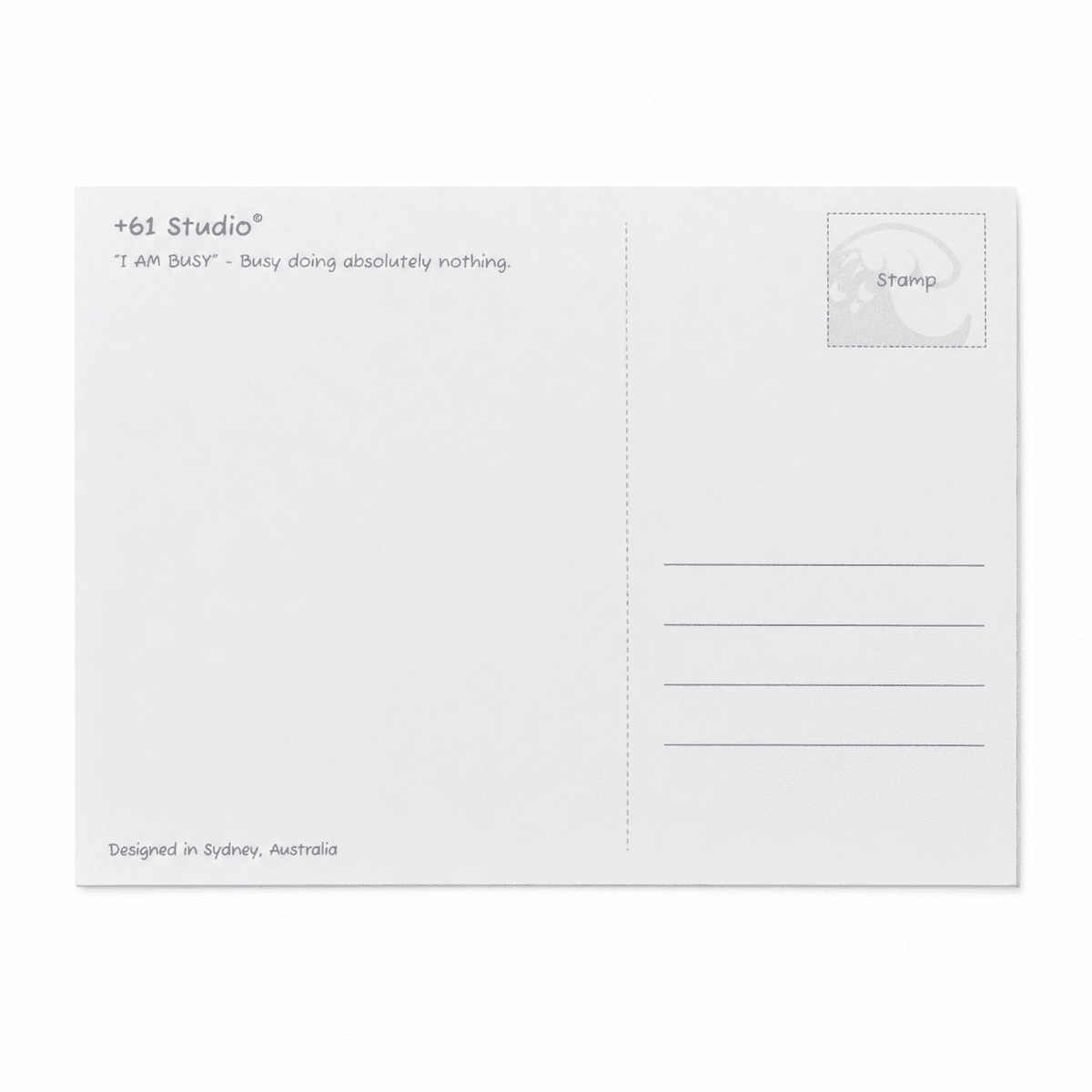 Back of +61 Studios I AM BUSY Sydney designed postcard