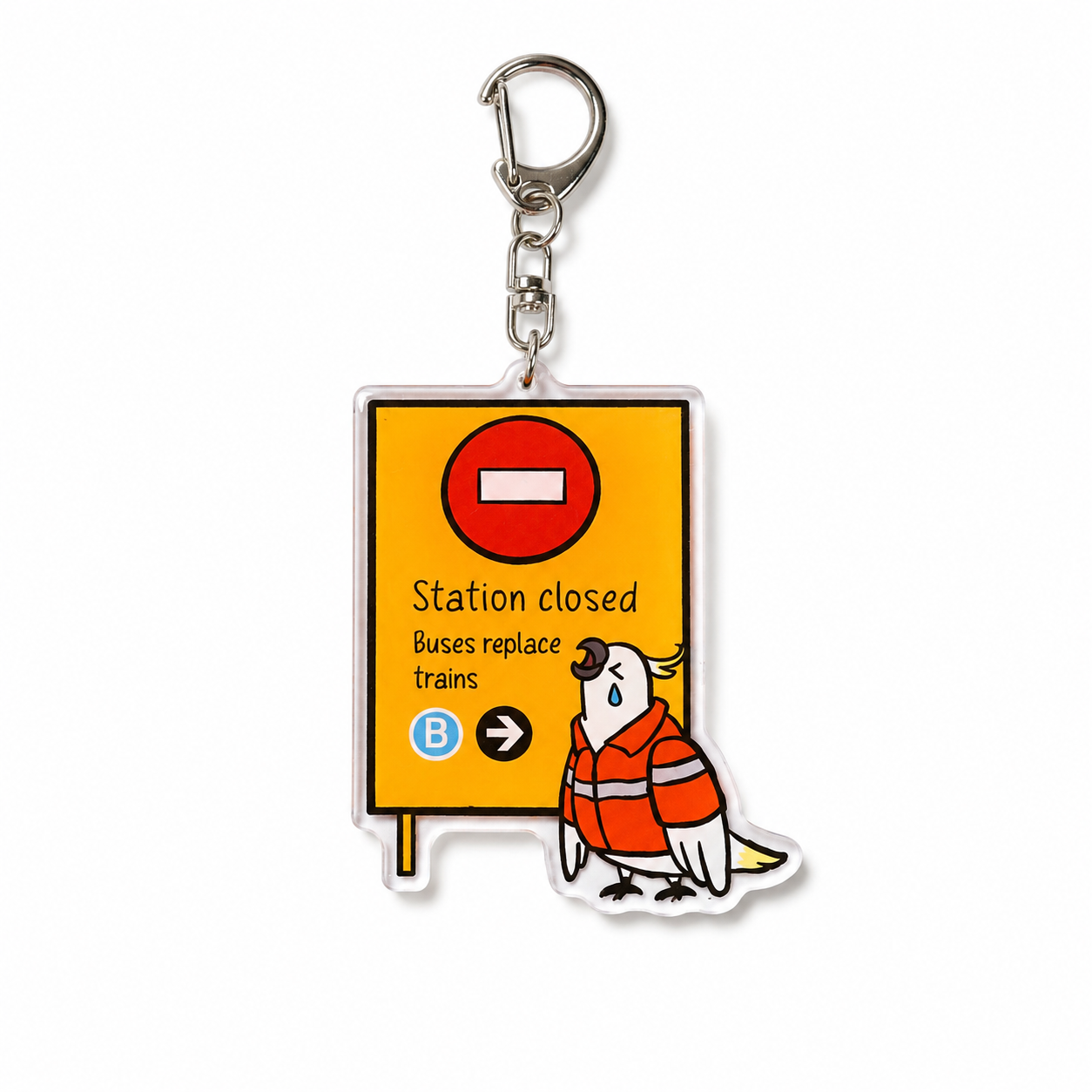 Double-sided acrylic keychain featuring teary cockatoo and station sign