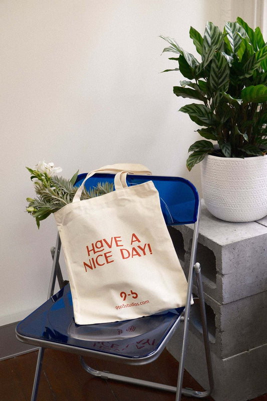 9to5 Studios HAVE A NICE DAY tote bag with colorful design