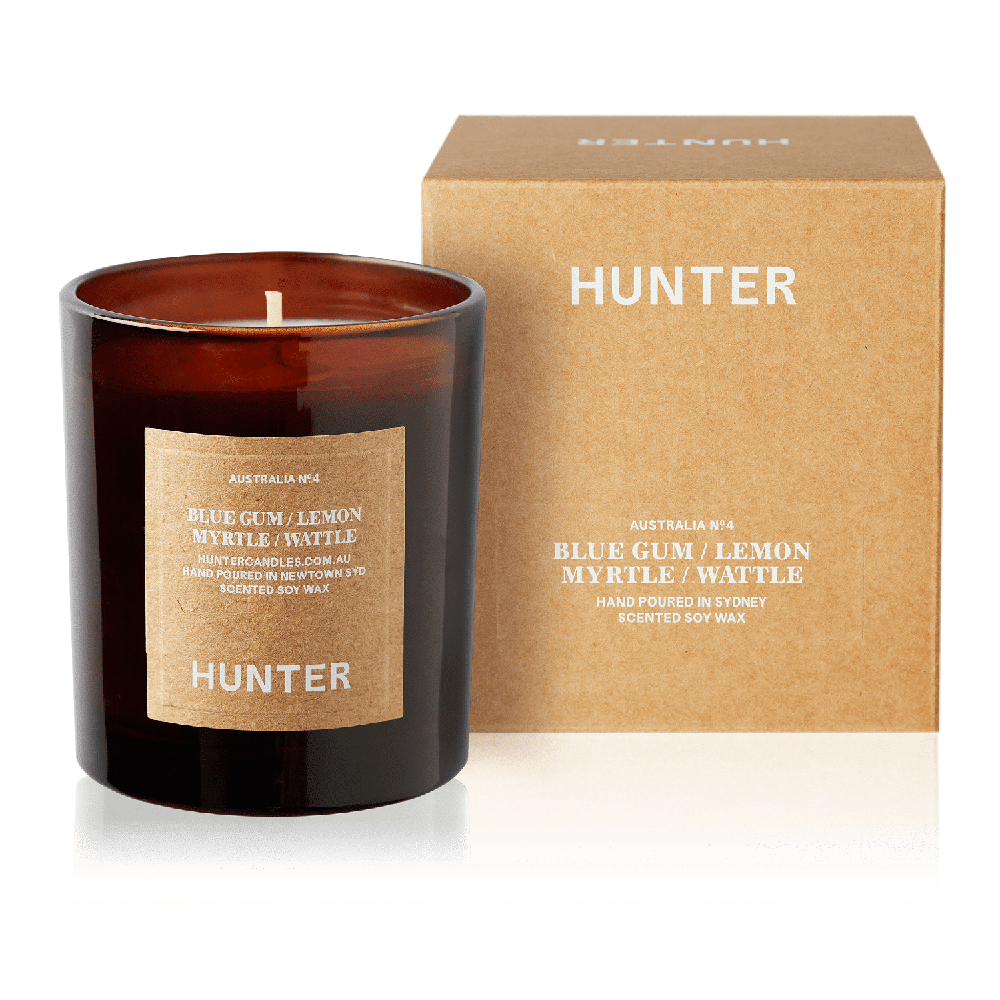 Hunter Candles AUSTRALIA soy wax candle with blue gum, lemon myrtle, and wattle scent