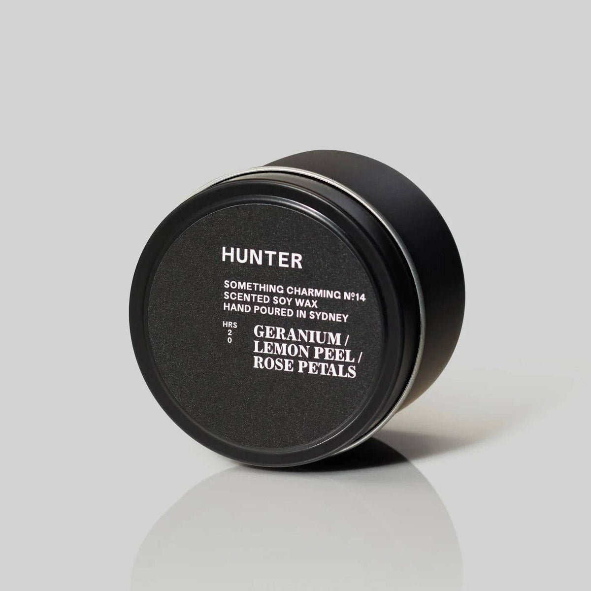 Hunter Something Charming scented soy wax candle tin with black label