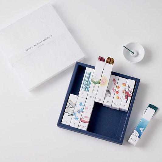 Kousaido HANGA Incense 10 Kinds Set with woodblock print packaging and ten unique Japanese seasonal fragrances