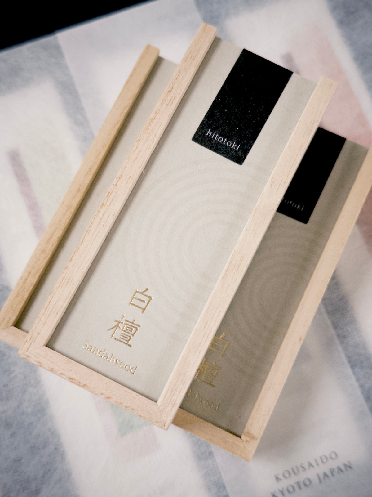 Close-up of Kousaido Hitotoki Sandalwood Incense packaging at 9to5 Studios
