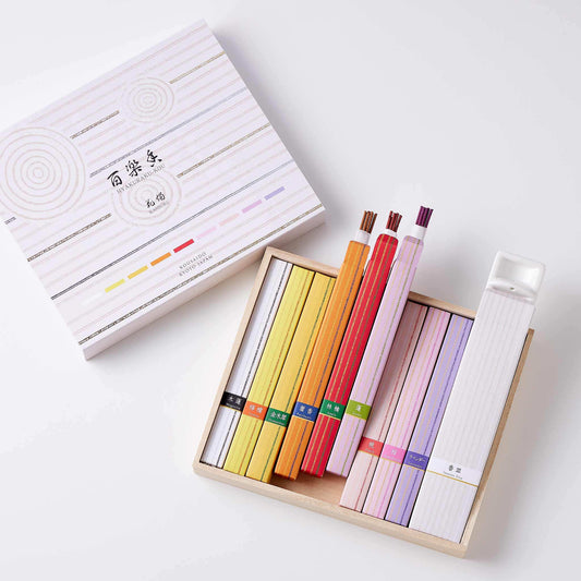 Kousaido Hyakurakko Gift Set with 9 natural sandalwood incense fragrances and milky-white incense plate