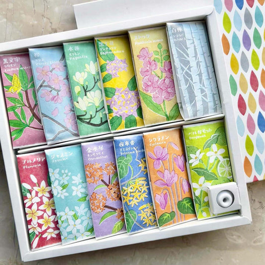 Kousaido Ihana-denshin Collection gift box with 12 floral incense fragrances and holder
