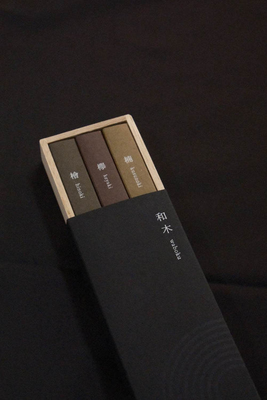 Kousaido WABOKU Incense stick set with Hinoki, Zelkova, and Kusunoki scents inspired by Japanese woods