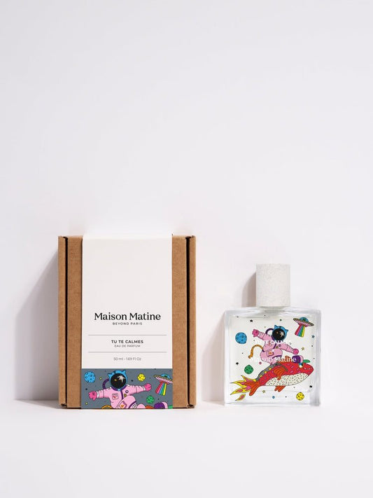 Maison Matine Tu Te Calmes 50ml perfume box and bottle with astronaut rocket fish design