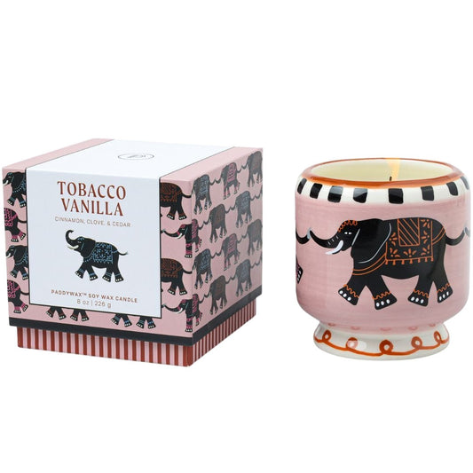 Paddywax A Dopo Elephant candle in hand-painted ceramic with tobacco vanilla scent