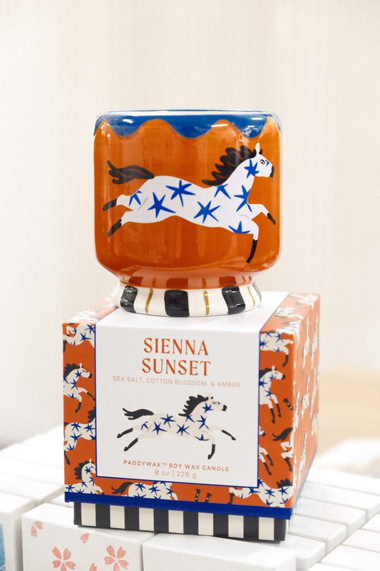 Paddywax A Dopo Horse Candle in hand-painted horse-shaped ceramic vessel with sea salt and cotton blossom scent