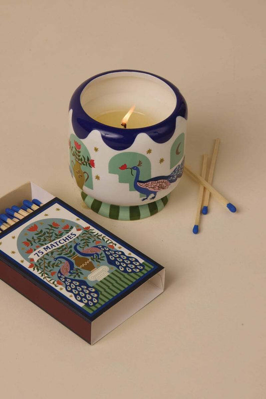 Paddywax A Dopo Peacock candle in misted lime ceramic vessel with vibrant lime, jasmine, and amber scent