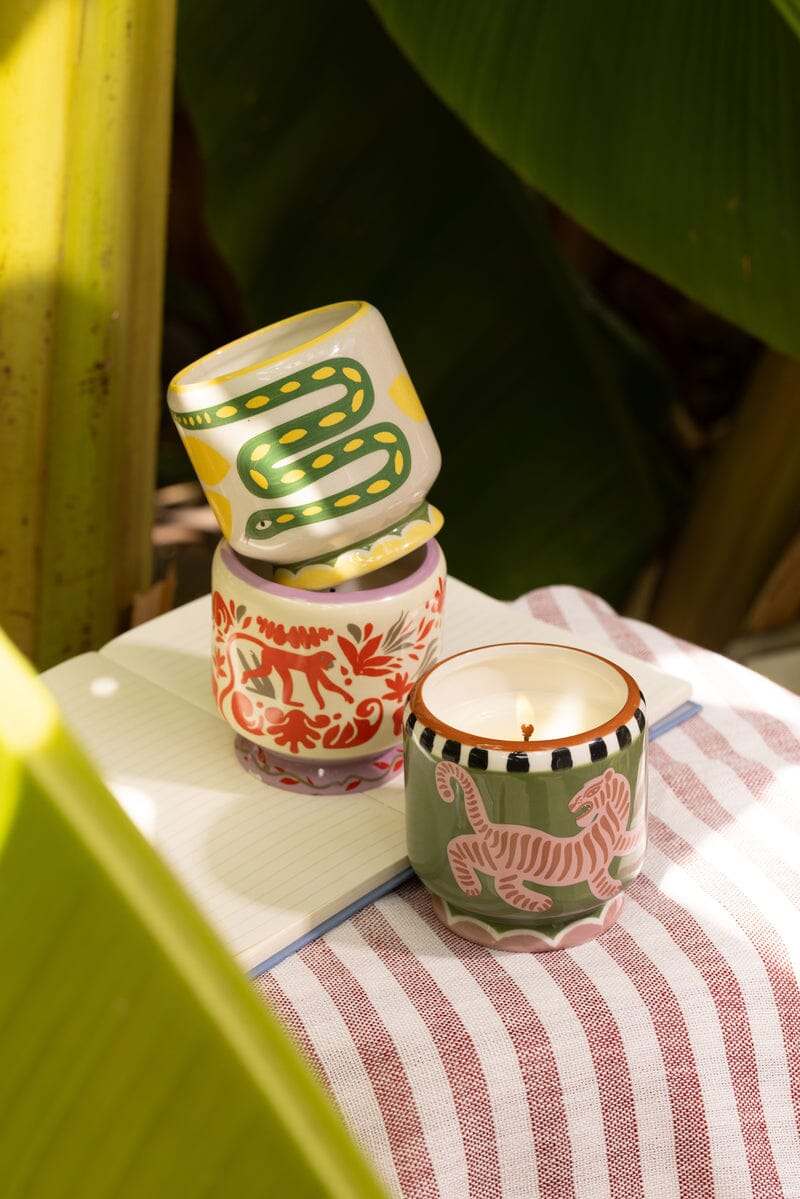 Paddywax A Dopo Tiger candle in hand-painted ceramic with black cedar and fig scent
