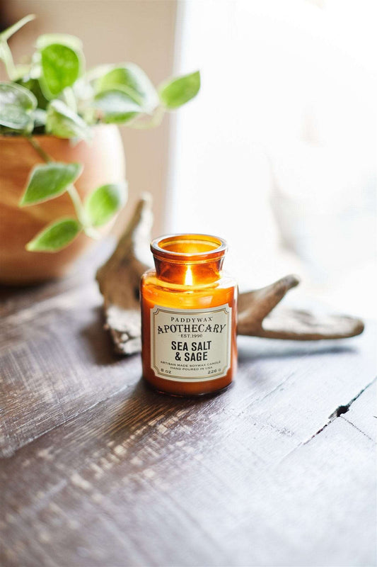 Paddywax Signature Collection Sea Salt & Sage candle with amber jar evoking ocean air and herbs