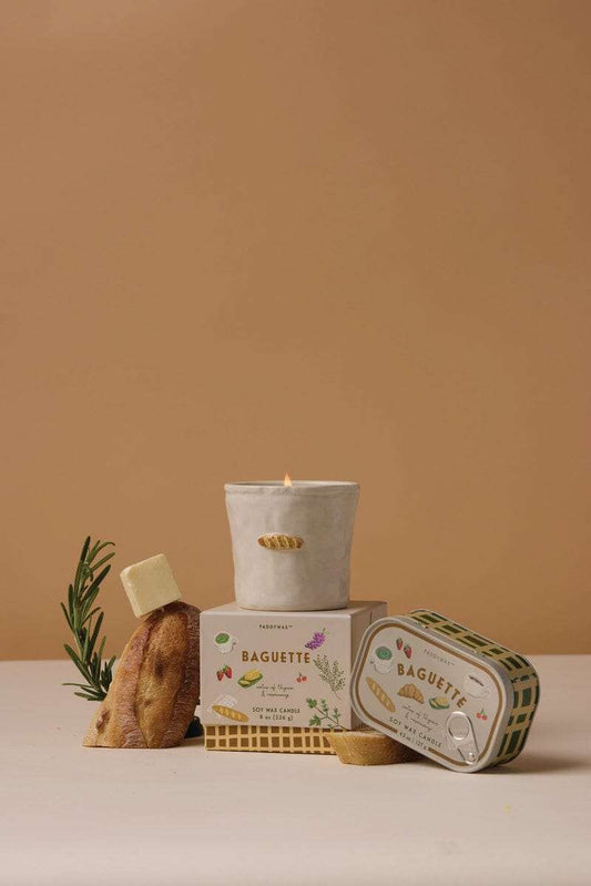 Paddywax Bistro French Baguette Rosemary Thyme candle in printed tin with herb and bakery scent