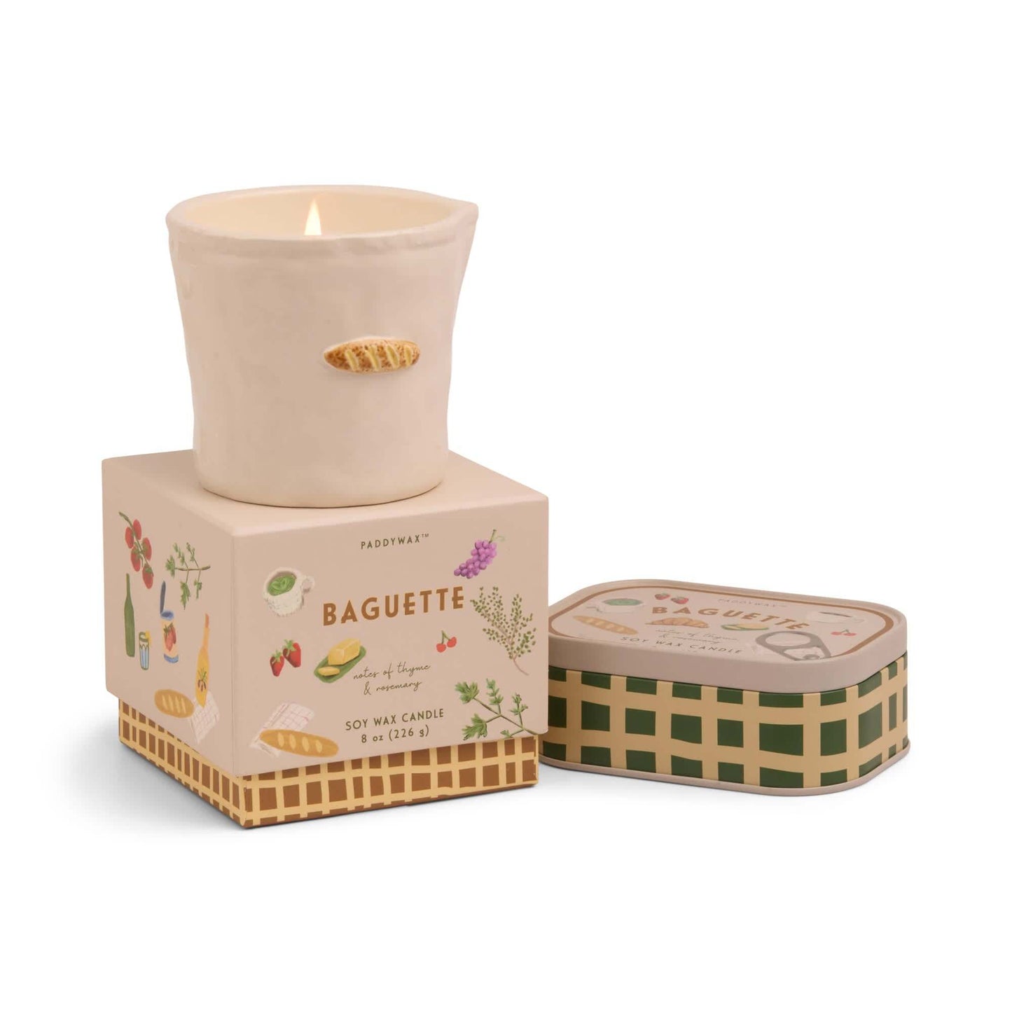 Paddywax Bistro French Baguette tin candle with rosemary thyme scent in printed European pantry-style packaging