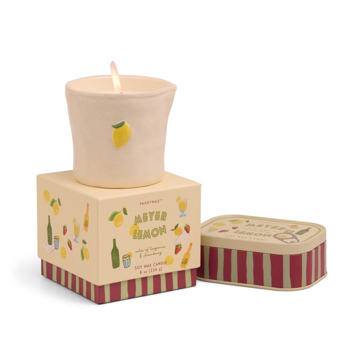 Paddywax Bistro Meyer Lemon printed tin candle with citrus and fruity fragrance in cheerful yellow packaging