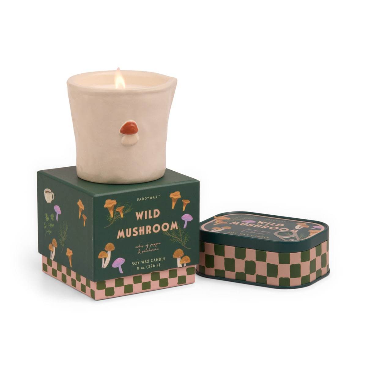 Paddywax Bistro Wild Mushroom printed tin candle with earthy forest scent and pepper patchouli notes