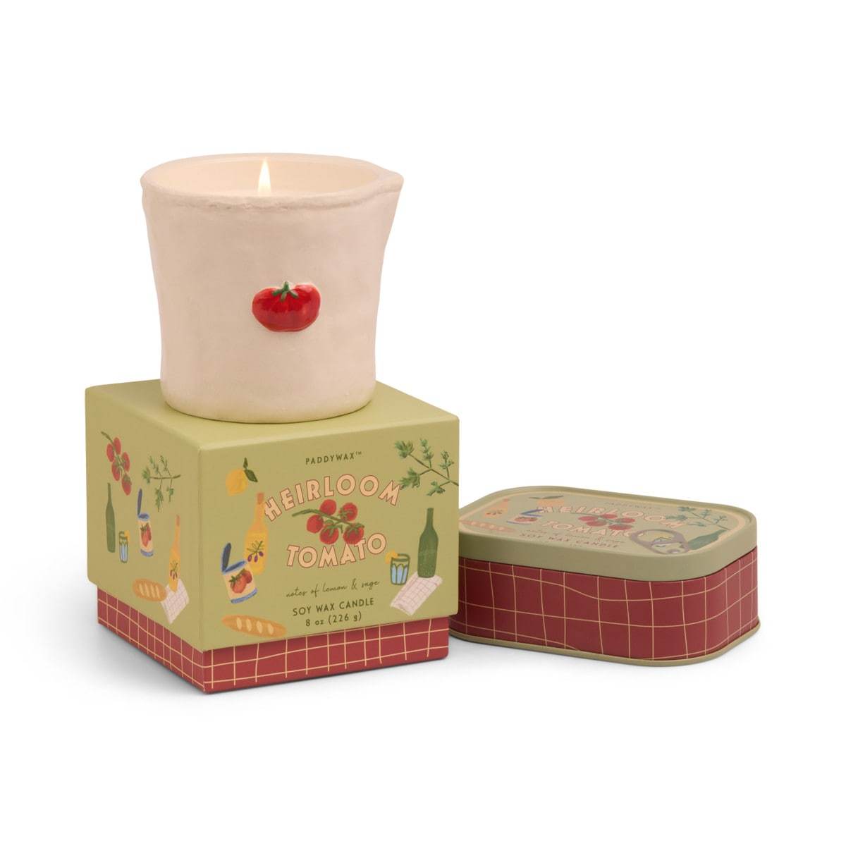 Paddywax Bistro Heirloom Tomato printed tin candle with lemon, sage, and herb fragrance