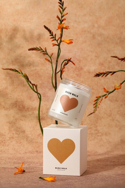 Pinkmint Candle Bush Walk soy candle with lemongrass and jasmine scent, hand-poured in Australia