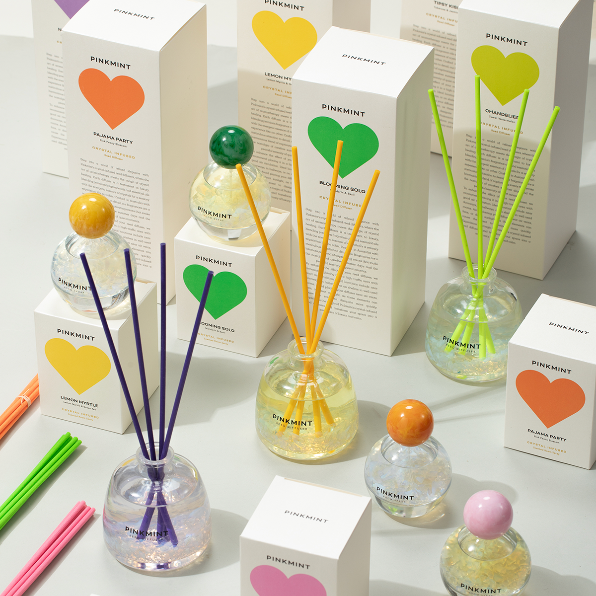 Pinkmint Candle Lemon Myrtle 200ml crystal-infused reed diffuser with 25cm fibre reeds handcrafted in Australia