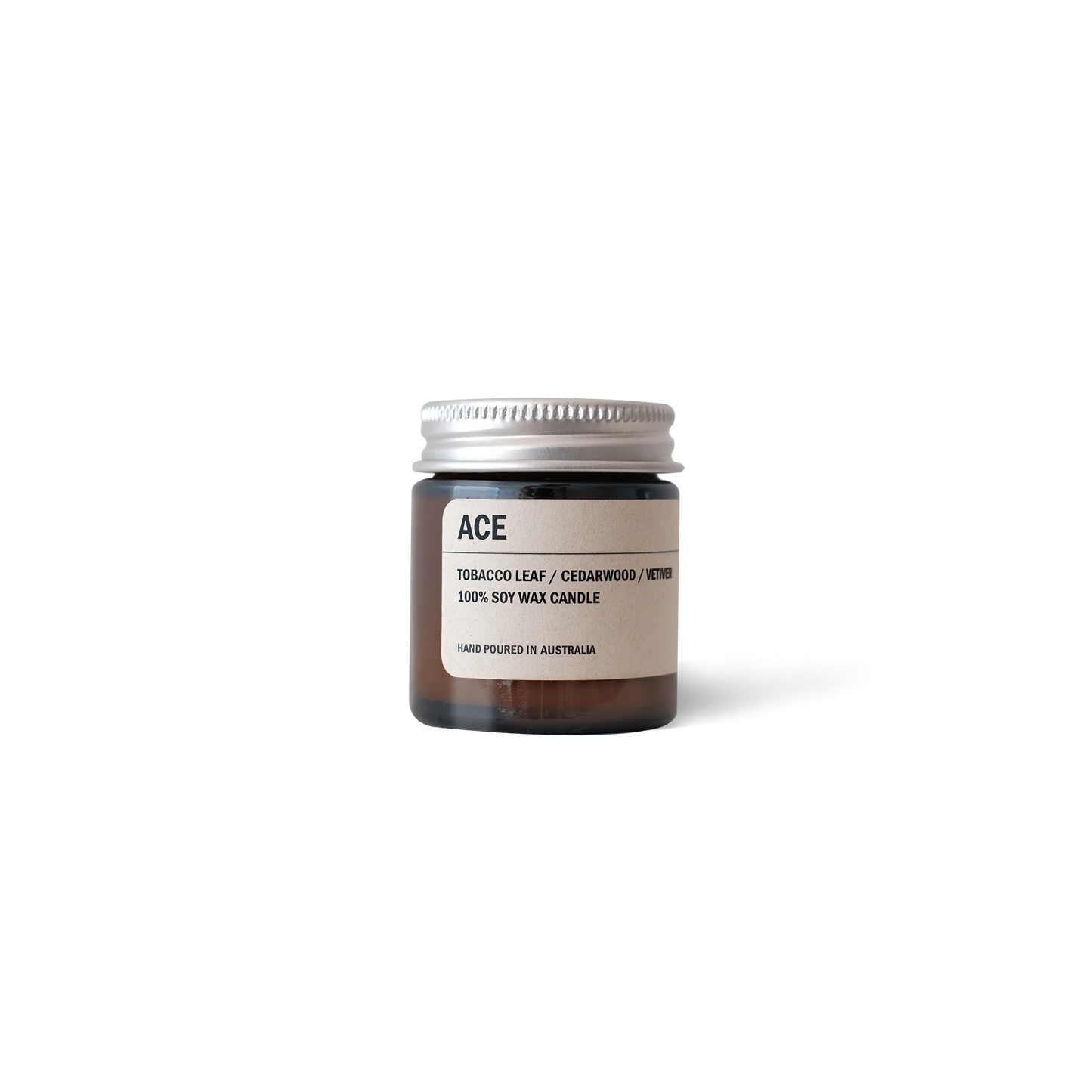 Posie Candle ACE amber jar with tobacco leaf, cedarwood, and vetiver scent