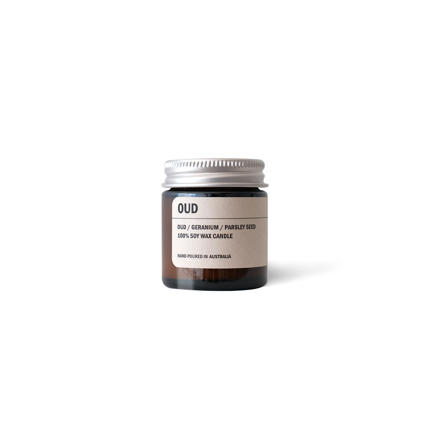 Posie Candle OUD in amber glass jar with aluminium lid, featuring deep oud wood, geranium, and parsley seed scent