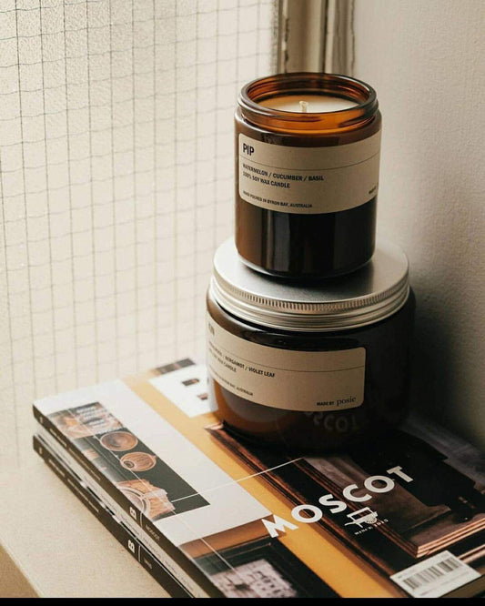 Posie Candle Watermelon Cucumber Basil soy wax candle in amber jar with aluminium lid