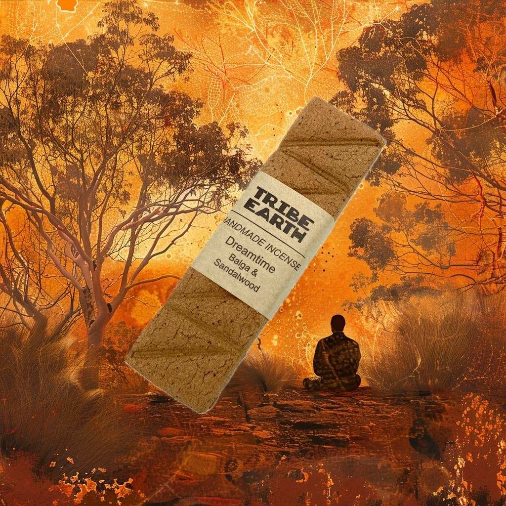 Tribe Earth DREAMTIME handmade sandalwood and balga incense plank burning in heat resistant dish