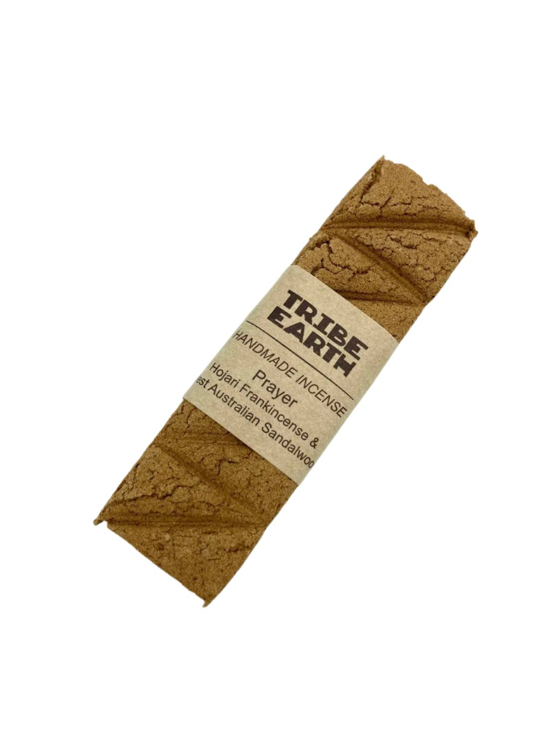 Tribe Earth PRAYER Handmade Sandalwood and Frankincense Incense Plank burning in a dish