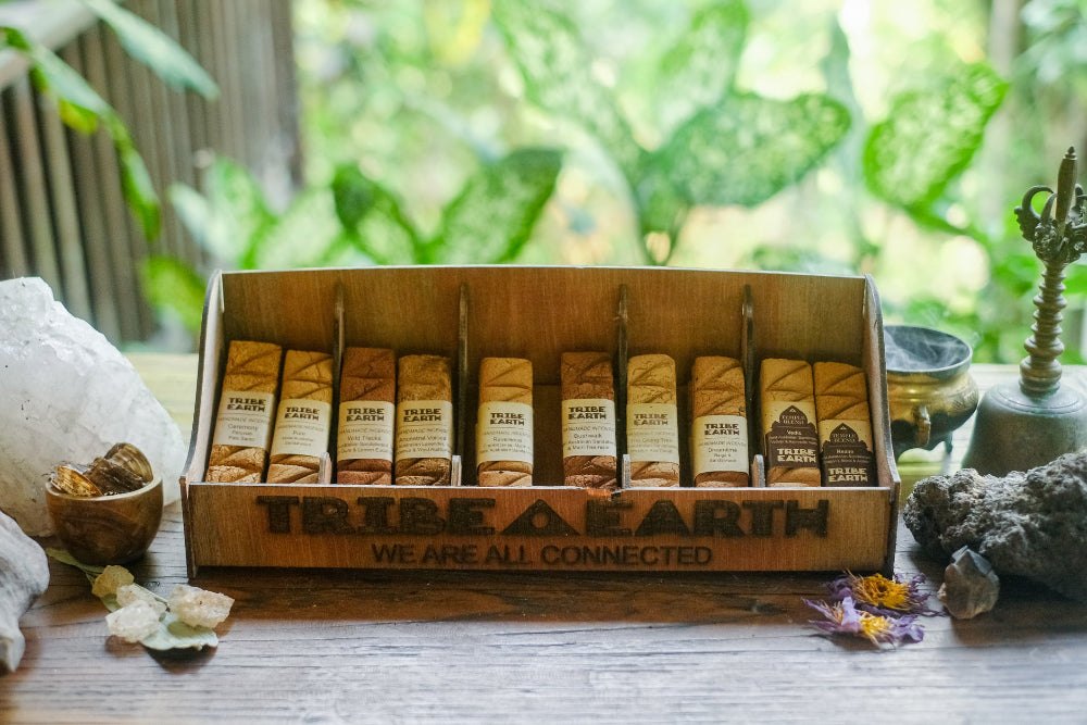 Tribe Earth ROSES Handmade Incense plank with Sandalwood and Moroccan Roses burning in heat resistant dish