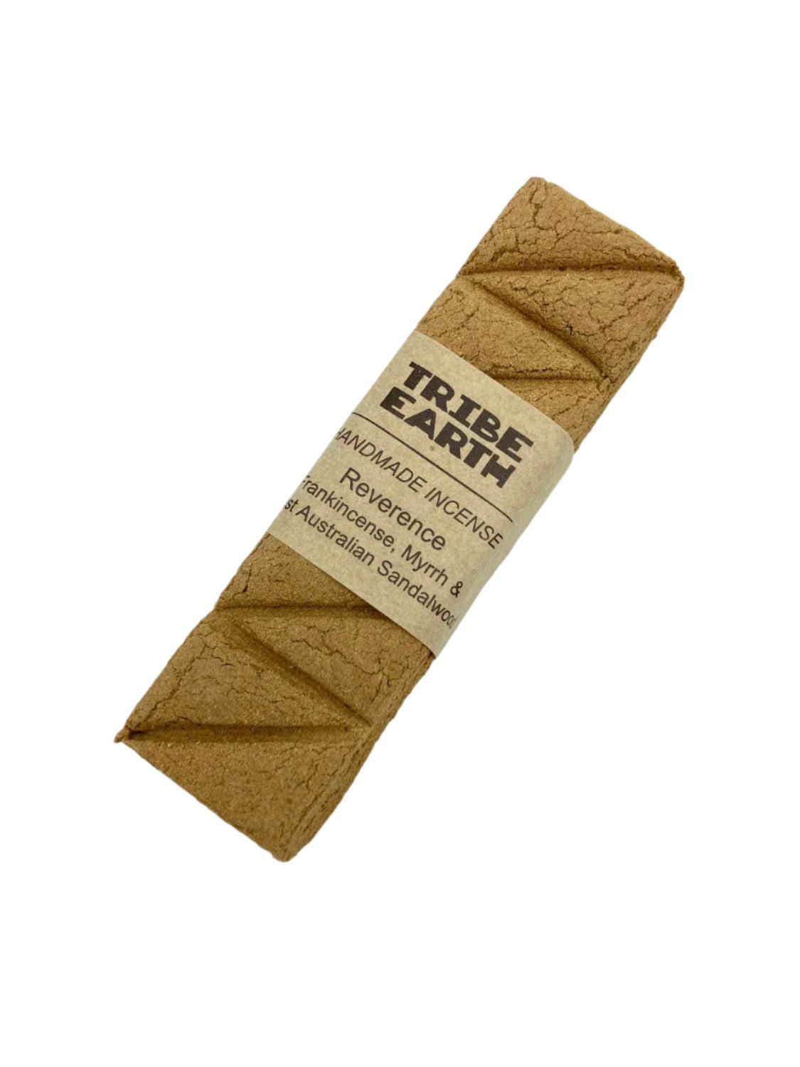 Tribe Earth REVERENCE handmade sandalwood, frankincense, and myrrh incense planks burning in heat resistant dish