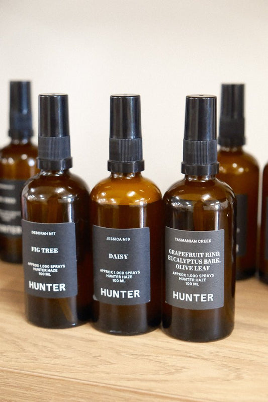 Hunter Candles THE HAZE scented room spray in amber glass bottle at 9to5 Studios