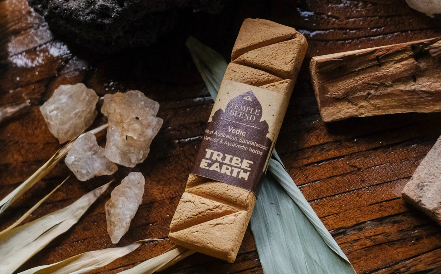 Tribe Earth Vedic-Temple Blend handmade sandalwood and vetiver incense plank with Ayurvedic herbs