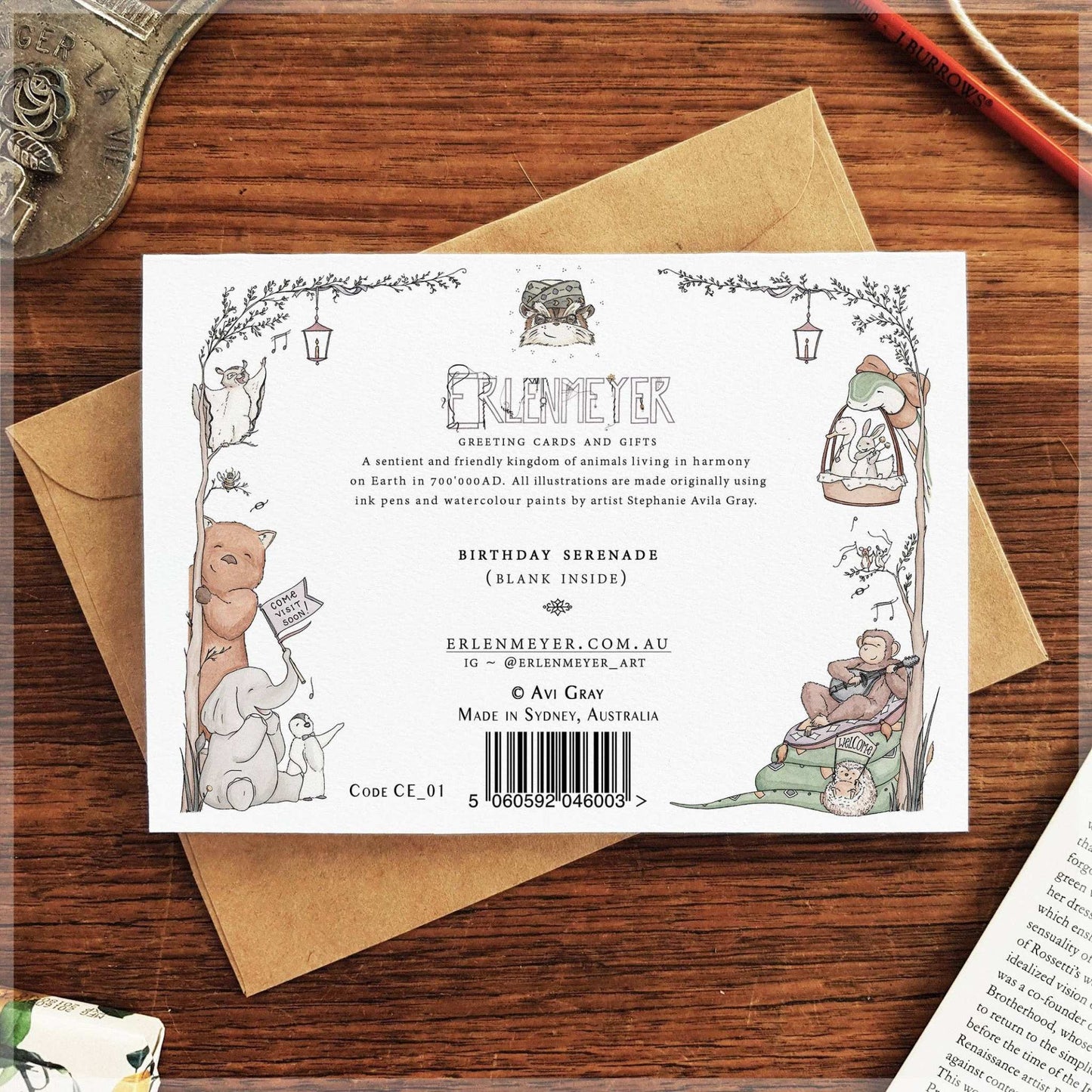 Back of Erlenmeyer Birthday Serenade greeting card with animal illustrations and kraft envelope by 9to5 Studios