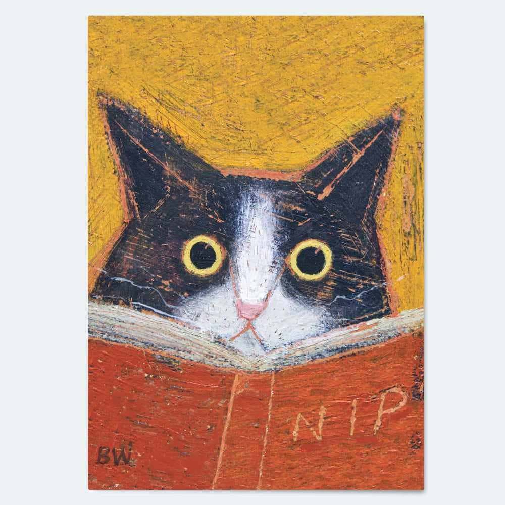 Front view of Cat Interrupted original artwork greeting card by Beau Wylie at 9to5 Studios with textured mustard yellow background