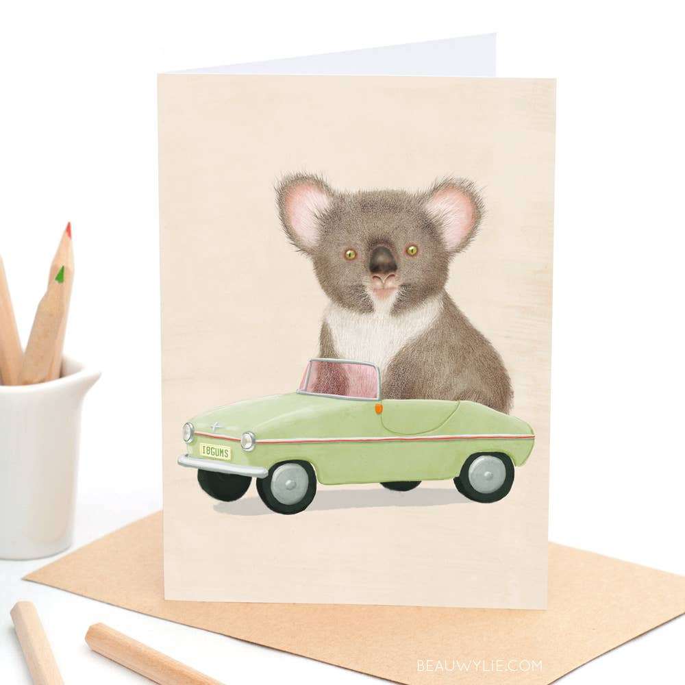 Favel the koala vintage car greeting card by Beau Wylie for 9to5 Studios on recycled cardstock