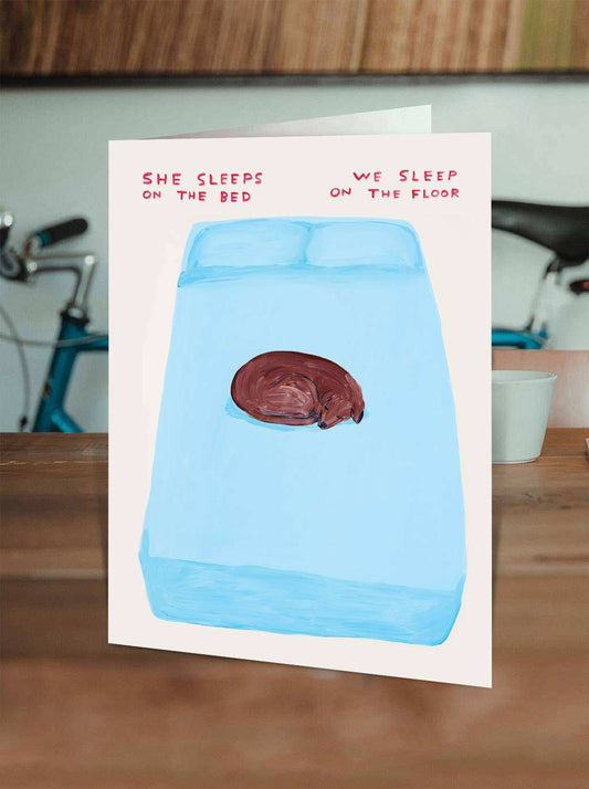 Funny David Shrigley Sleep On The Bed greeting card with quirky handwritten text and simple drawing