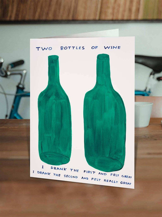 Funny David Shrigley greeting card with two bottles of wine illustration and neon yellow envelope