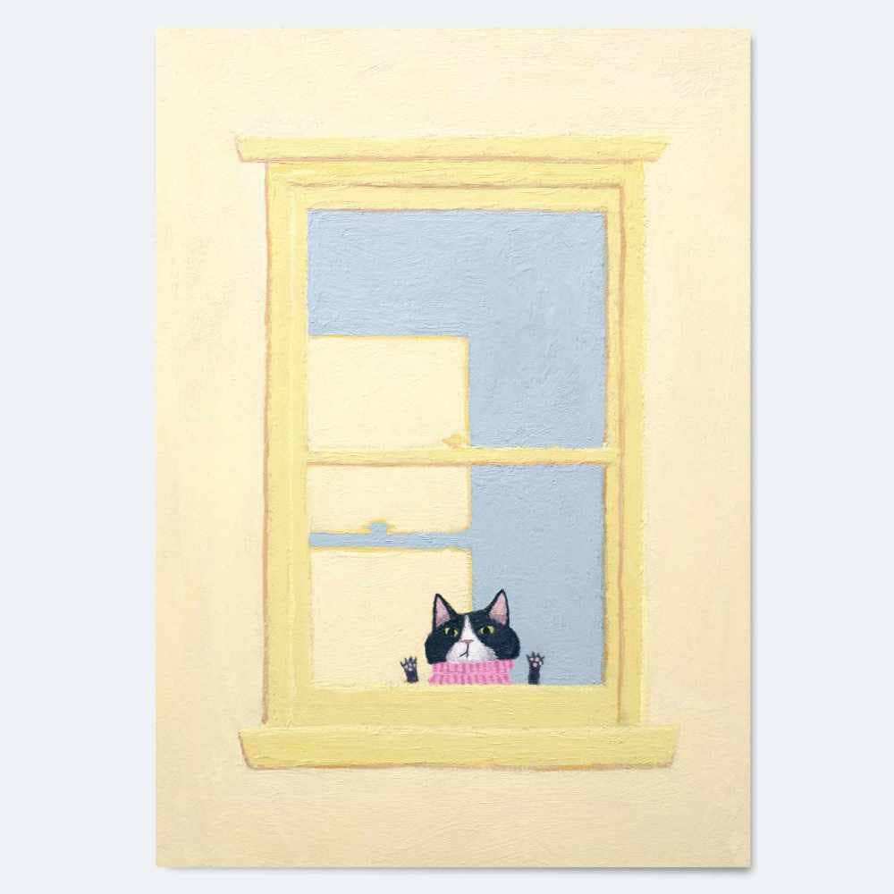 Front view Graham A6 greeting card with black and white cat in pink scarf through yellow window by Beau Wylie