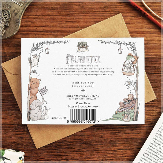 Back of Here for You greeting card from 9to5 Studios showing Erlenmeyer details and animal illustrations