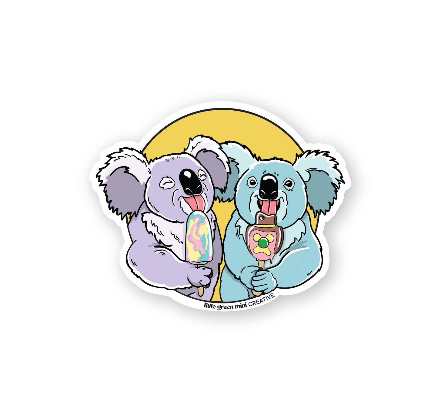 Koalas with Ice cream vinyl sticker by Little Green Mini Creative featuring two illustrated koalas on mustard-yellow background