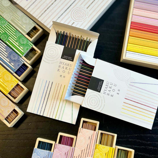 Kousaido Hyakurakko Discovery Set with 12 natural sandalwood incense varieties in colorful packaging